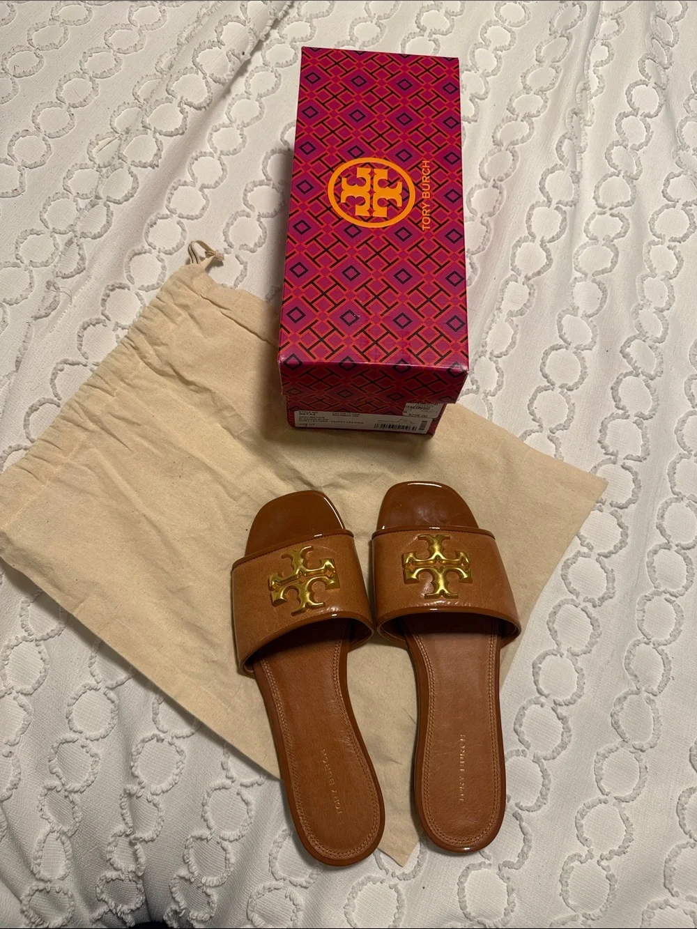 Tory Burch Tan Leather Slide Sandals with Gold Logo Accent